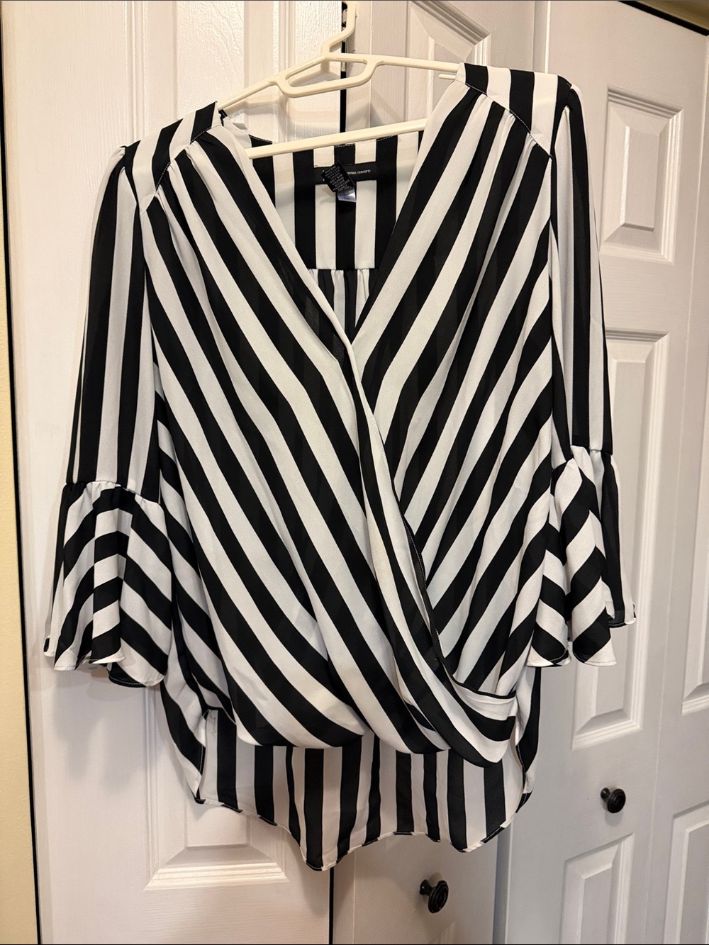 INC International Concepts Black and White Striped Wrap-Front Blouse